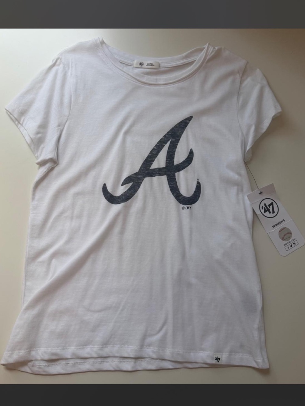 Atlanta Braves Women's White Tee with Navy Atlanta Script A
